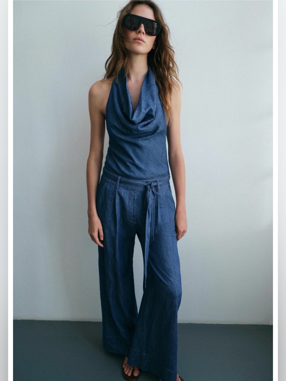 Zara Denim Open Back Halter Jumpsuit